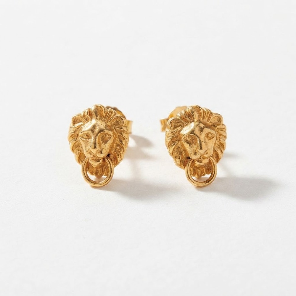Vintage Gold Tone Lion Head Door Knocker Stud Earrings Movable Ring Details